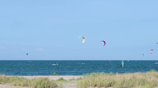 Kiter und Surfer am Strand mit D&uuml;nen und Gr&auml;sern im Vordergrund