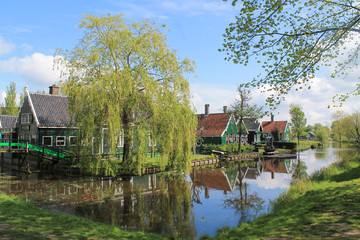 river, bridge, trees and houses in zaanse schans