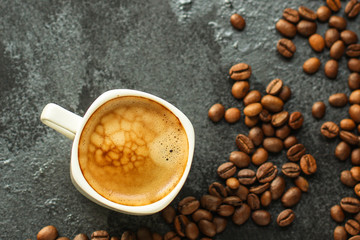 coffee, serving  beverage in a white cup (coffee grain). food. top.copy space