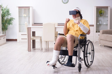 Young man after accident recovering at home 