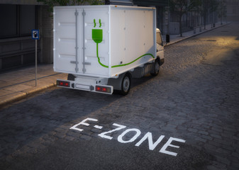electric truck in electric cars only zone with highrise in the background