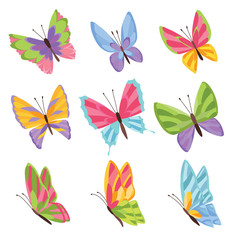 Obraz premium Watercolor colors butterflies isolated on white background. Pretty vector butterfly set with spring palette for child.