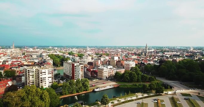 Aerial drone footage, panoramic view of Lille city from the citadel park. 4K