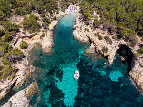 Spain, Mallorca, Aerial view of bay Cala Falco and Cala Bella Donna