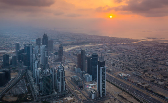United Arab Emirates, Dubai, cityscape with Sheikh Zayed Road at twilight