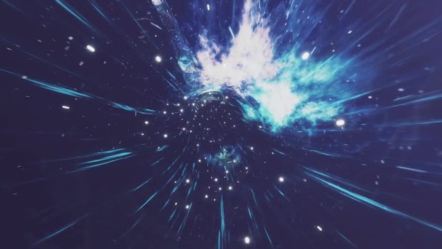 Seamless travel through a wormhole through time and space filled with millions of stars and nebulae. Wormhole space deformation, science fiction. Black hole. Vortex hyperspace tunnel. 4k animation