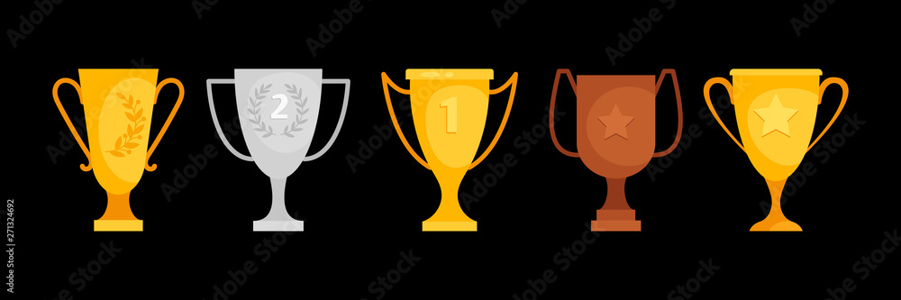 Poster vector goblets collection. gold, silver, bronze award isolated on black. illustration of cup gold go