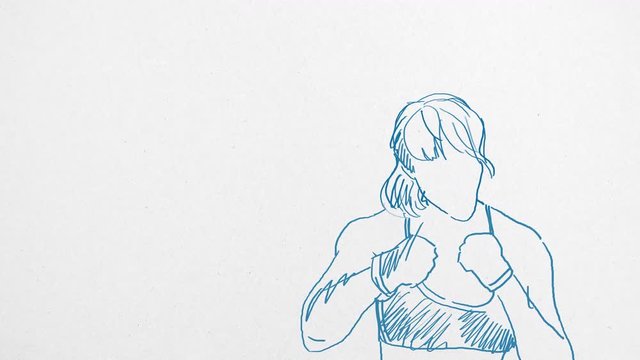 4K female boxer drawing on paper background that loops seamlessly.