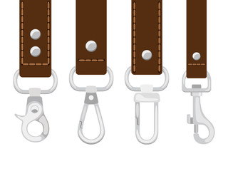 Leather belts with carabine clasp collection vector. Hook accessory for link illustration