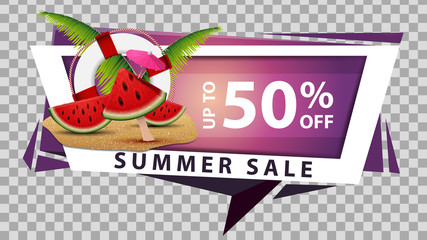 Obraz premium Summer sale, discount web banner in geometric style with watermelon slices, palm leaves and lifeline