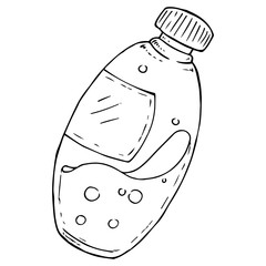 Bottle with liquid icon. Vector illustration of a bottle with a clear liquid. Hand drawn closed bottle with empty tag.