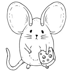 Mouse icon. Vector illustration of a cute little mouse with big ears. Hand drawn cartoon mouse holding a slice of cheese.