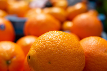 Closeup of orange in front of blurry oranges