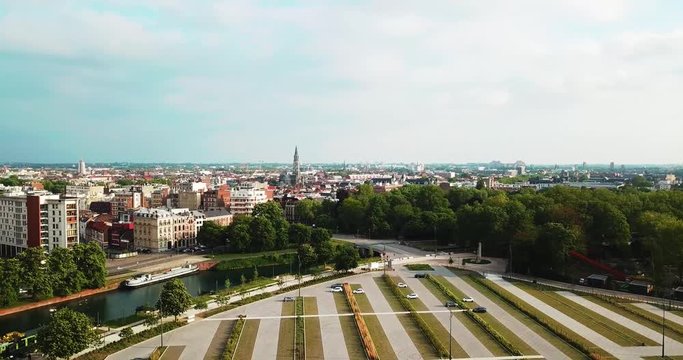 Aerial drone footage of Lille city from the citadel park and the deule river. 4K