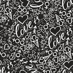 Seamless pattern with hand drawing. Love is. Sketch vector set.