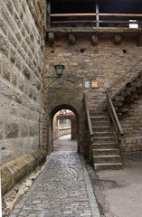 Fototapeta na wymiar Steps leading up to the top of the wall in Rothenburg ob der Tauber