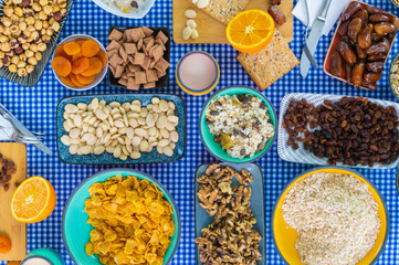 Collection of fresh and healthy ingredients to prepare breakfast