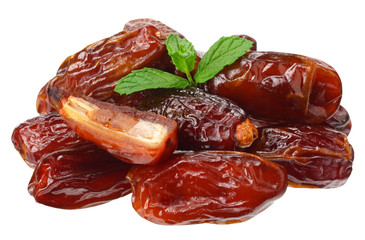 date fruit with green leaf isolated on white background. top view