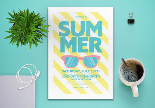 Summer Party Flyer Layout with Stripes and Sunglasses