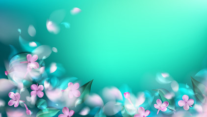 Green spring background with purple blurred flower petals and leaves vector illustration