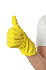 Hands in yellow gloves showing thumbs up on white background