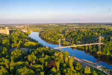 Bridge over the river. Landscape shot from drone. Zhytomyr, Ukraine