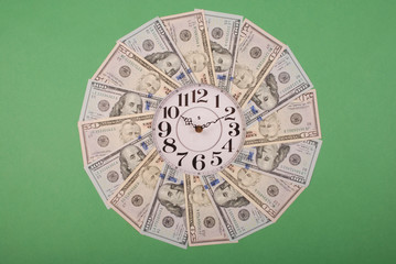 Concept of clock and dollar. Clock on mandala kaleidoscope from money. Abstract money background...