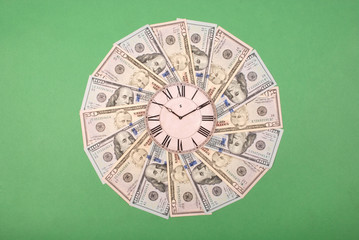 Concept of clock and dollar. Clock on mandala kaleidoscope from money. Abstract money background...