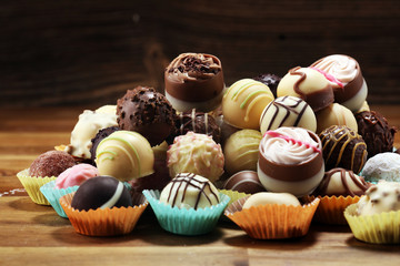 a lot of variety chocolate pralines, belgian confectionery gourmet chocolate praline.