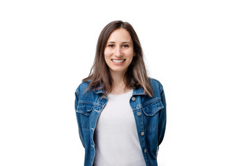 Fototapeta premium Portrait of smiling woman standing over white background