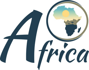 Round logo of Africa with the inscription. Evening landscape inside the silhouette of the African continent. Logotype for a Safari or travel into the African jungle.