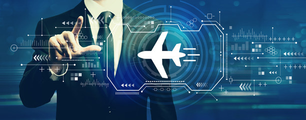 Airplane travel theme with businessman on a dark blue background