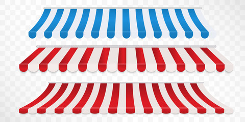 Set of red and white, blue and white strip colorful awnings for shop. Tent sunshade for market isolated on white background.