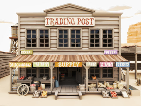 Polygon Illustration toon style of a western town Trading Post with various groceries and goods. 3d rendering