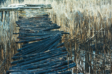 Burnt wood bridge on the lake.