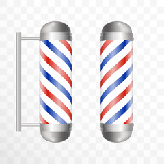 Realistic Barber pole. Two Glass barber shop poles with red, blue and white stripes. Isolated  on white transparent background, for your design and branding.