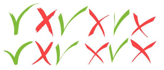Hand drawn Green check mark and red cross icons. 