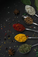 Set of various spices and herbs on black slate background.