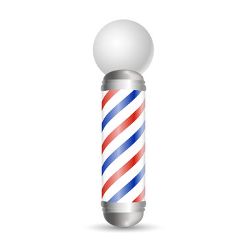 Realistic Barber pole. Glass barber shop poles with red, blue and white stripes. Isolated on white background, for your design and branding.