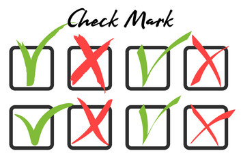 Green checkmark and red crosshair in handwritten grunge style in boxes on white background. 
