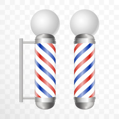 Realistic Barber pole. Two Glass barber shop poles with red, blue and white stripes with round light on top. Isolated on transparent background, for your design and branding.