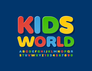Fototapeta premium Vector colorful sign Kids World with Uppercase Alphabet Letters and Numbers. Bright flat Font 