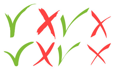 Hand drawn Green check mark and red cross icons. 