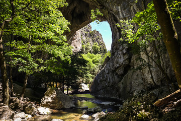 Natural stone bridge in Vratna river gorge in Serbia, called Vratnjanske kapije. This arches is a largest natural bridges in Europe.