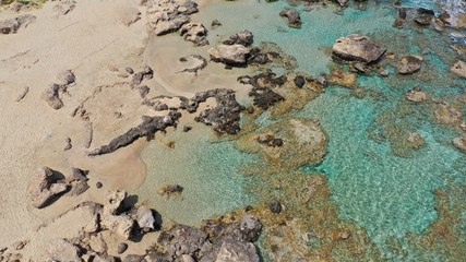 Aerial drone top view photo of famous paradise sandy deep turquoise beach of Falasarna in North West Crete island, Greece