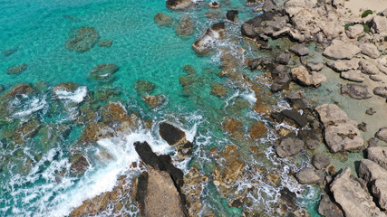Aerial drone top view photo of famous paradise sandy deep turquoise beach of Falasarna in North West Crete island, Greece