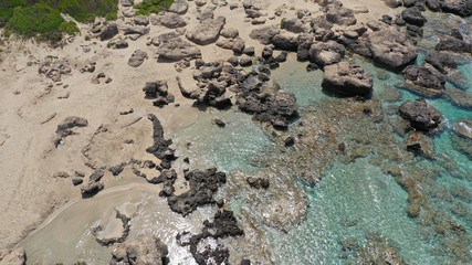 Aerial drone top view photo of famous paradise sandy deep turquoise beach of Falasarna in North West Crete island, Greece