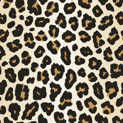 Leopard skin pattern. Vector seamless background. Realistic animal print texture of jaguar, leopard, cheetah, panther, leopard. Black and brown spots on beige background. Repeatable decorative design