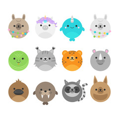 Cute vector icon set of random animals. Round animal illustrations; llama, alpaca, unicorn, narwhal, snake, lynx, cheetah, rhinoceros, platypus, walrus, lemur, kangaroo. Isolated.