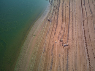Aerial view of the Valdecañas reservoir, with green water from the algae and natural lines of the...